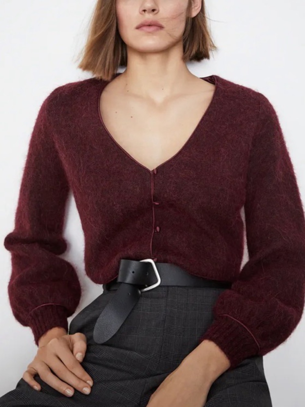 Zara Burgundy V-Neck Cropped Button Cardigan Sweater Size Small